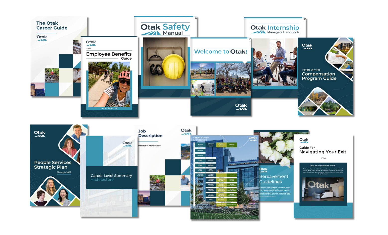 Collection of Otak branded guides, handbooks, and toolkits designed with ChangeEngine